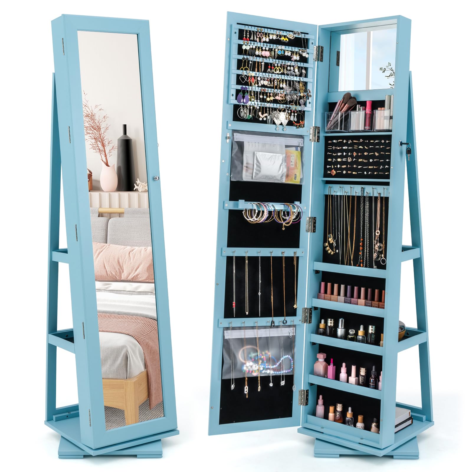 GOPLUS Armoire à Bijoux avec Miroir, Porte Bijoux sur Pied avec Étagère de Rangement&Serrure, Organisateur Chambre Pivotante à 360°, Coffre Bijoux pour Maquillage, Habillage (Bleu)