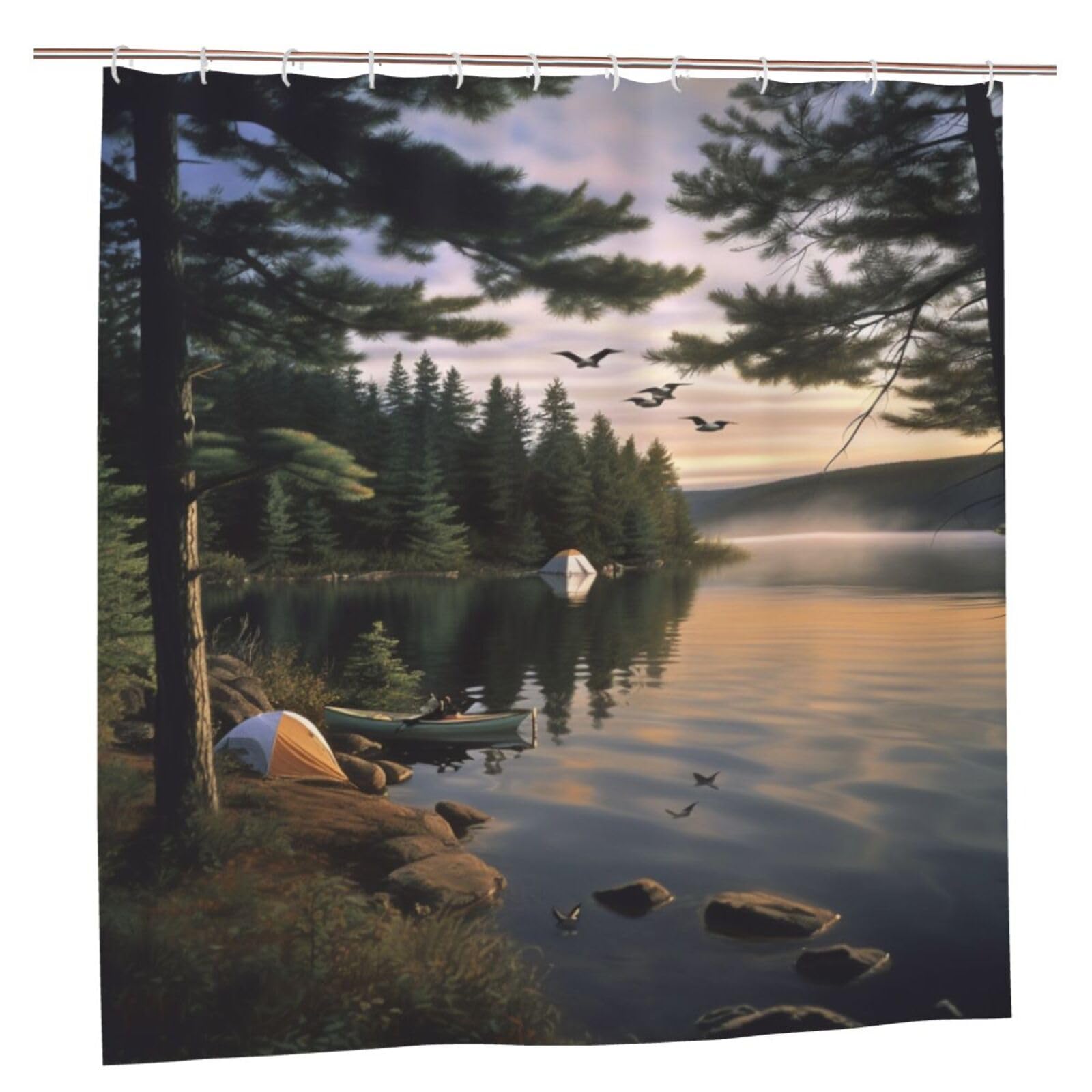 BWWHCCTI Camping Lake Printed Shower Curtain With 12 Plastic Hooks Opaque Quick Drying Waterproof Shower Curtains Sets For Bathroom 183x183 CM