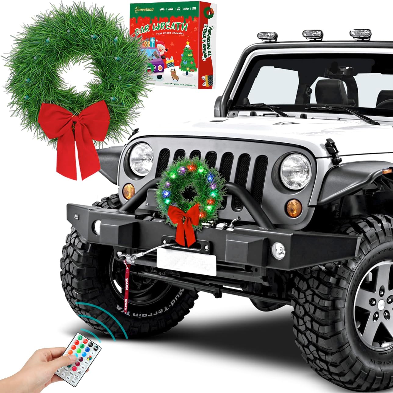 moveland LED Car Wreath with Remote Control - RGB Changeable Christmas Wreath for Car Grill - Fits Jeeps Trucks SUVs RVs Golf Carts - 12V Plug-in Wreath Lighting