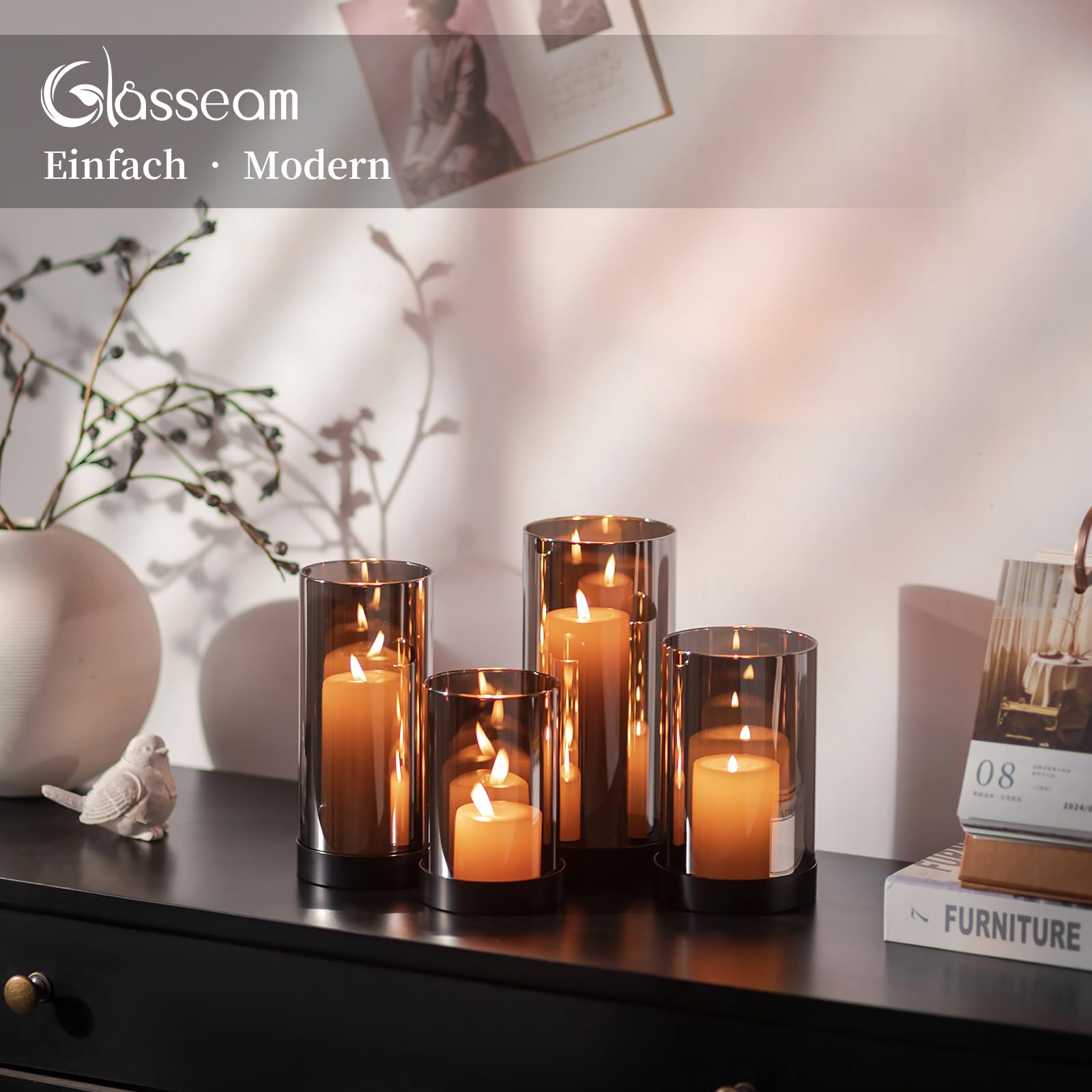 Glasseam Windlicht Glas Schwarz Tischdeko: 4er Set Windlicht Outdoor Modern Windlichter Kerzenhalter Metall für Deko Wohnzimmer Glaszylinder Kerzengläser für Draußen Advent