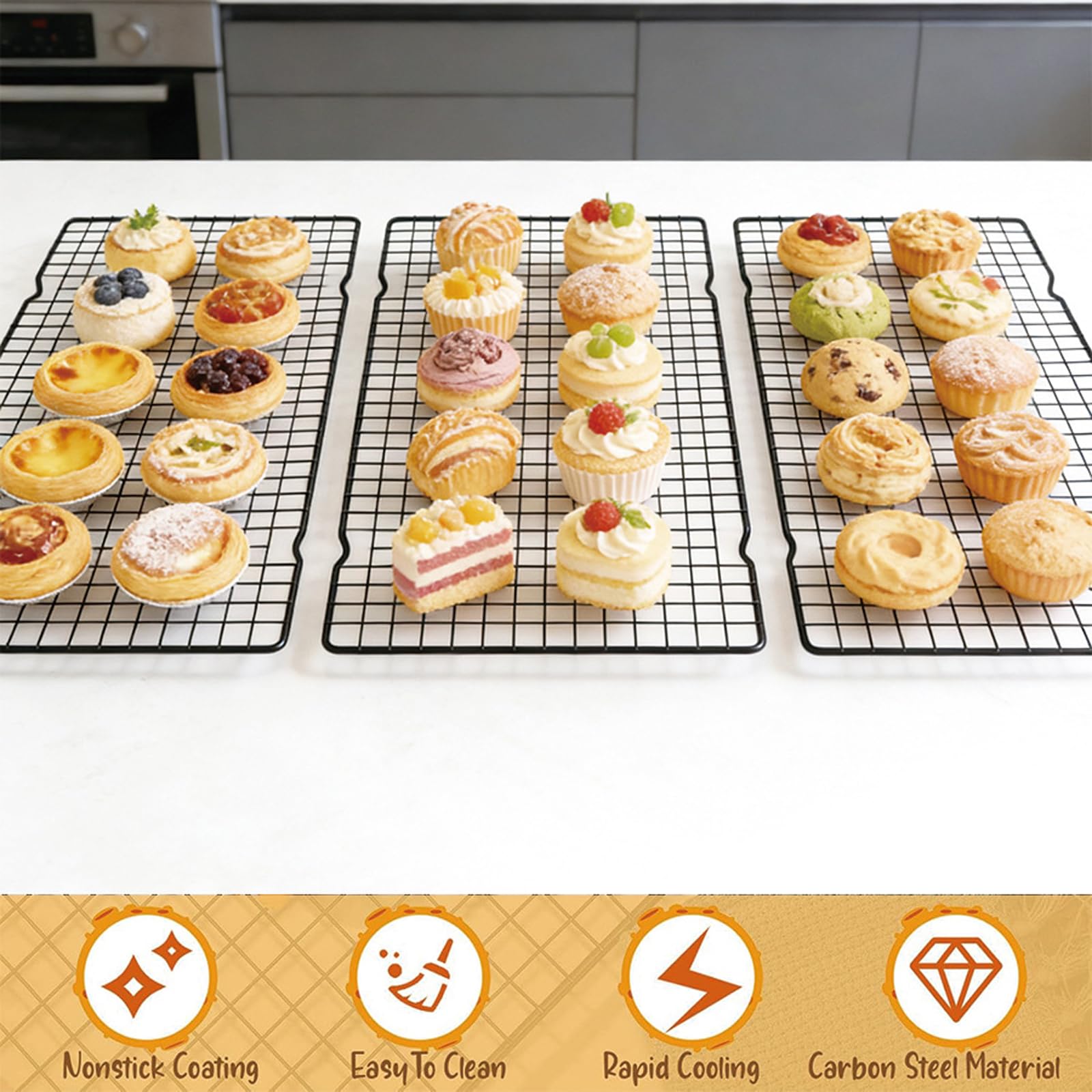 Abkühlgitter 3er Set, 40x25cm Kuchengitter mit Antihaftbeschichtung, Backen zubehör aus Kohlenstoffstahl für Kekse, Muffins, Brot & Kuchen und kompatibel mit Backblechen