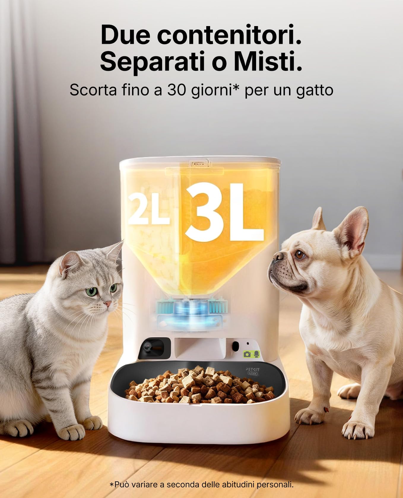 PETKIT YumShare Dual-Hopper 2, Distributore Automatico di Cibo per Gatti e Cani con Telecamera HD 1080p, Riconoscimento Multiplo Gatti, Funzioni AI, Capacità 5L, Wi-Fi 2.4 GHz e 5 GHz
