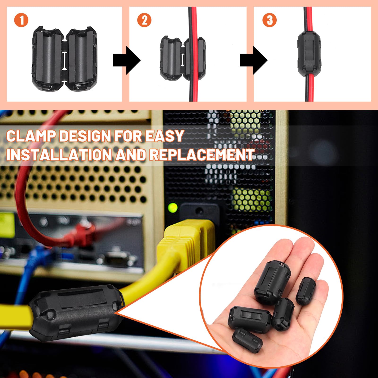 Tanstic 32 pièces noir clip-on ferrite anneau noyau RFI EMI bruit suppresseur câble clip avec anneaux ferrite toroïdal noyau fer pour 3,5 mm 5 mm 7 mm 9 mm 13 mm 15 mm diamètre câble