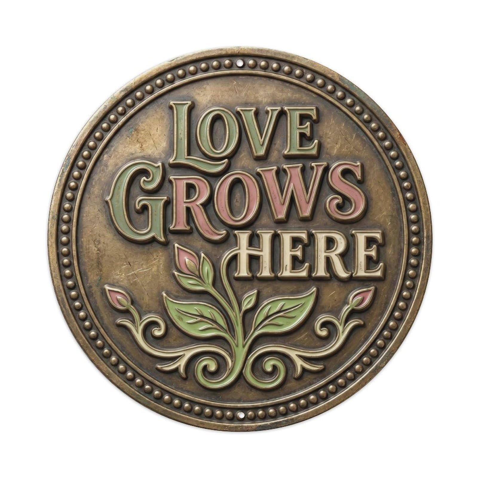 Love Grows Here Nostalgic Kitchen Humor Screenprint Vintage Type Metal Tin Sign Plaque Wall Decor for Cafe, Man Cave, Club Bar, Office, Home Garden Round Metal Poster 8x8Inch