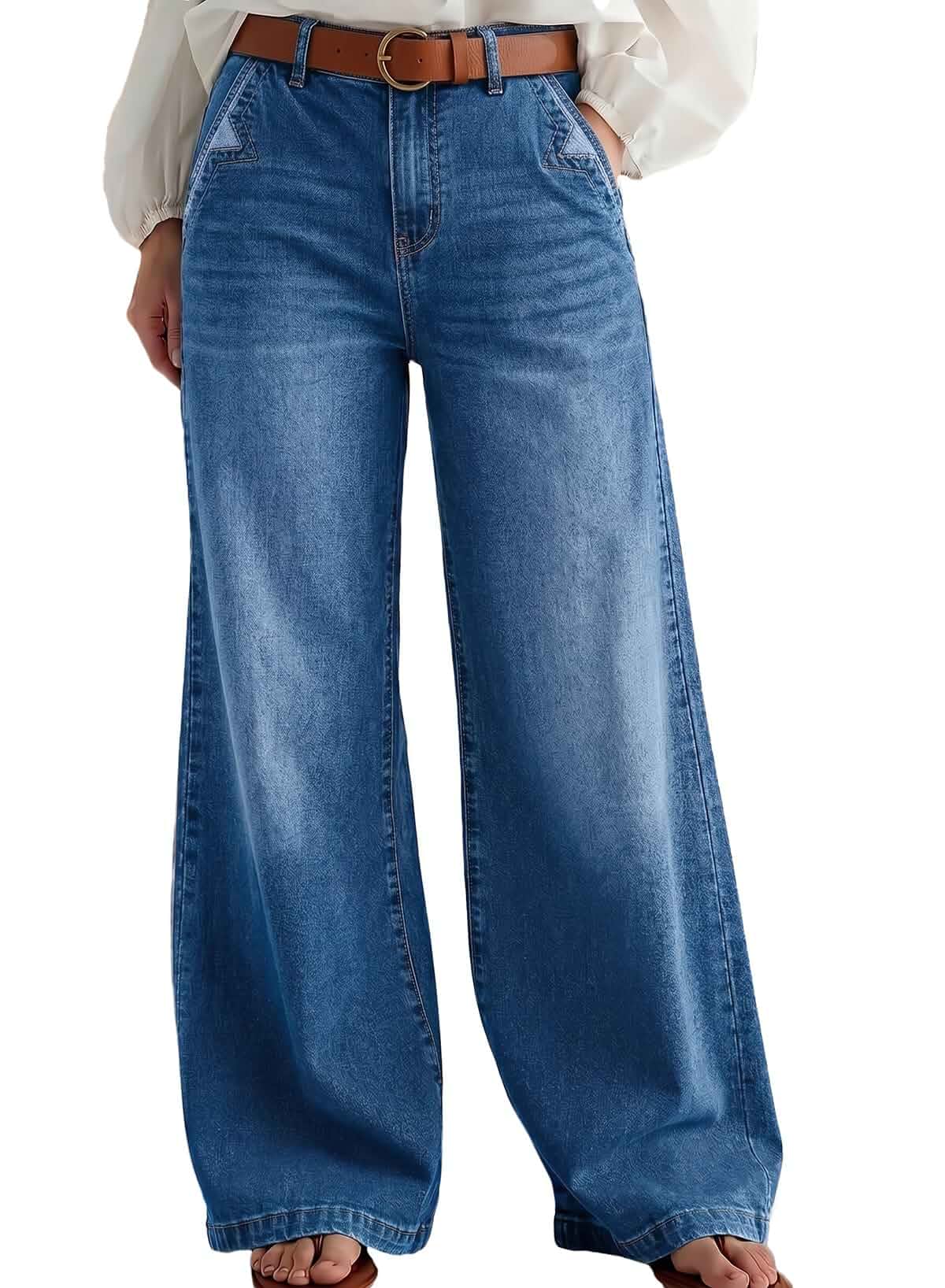 Dokotoo Women's Mid Waisted Straight Wide Leg Stretchy Jeans Baggy Denim Pants Jeans
