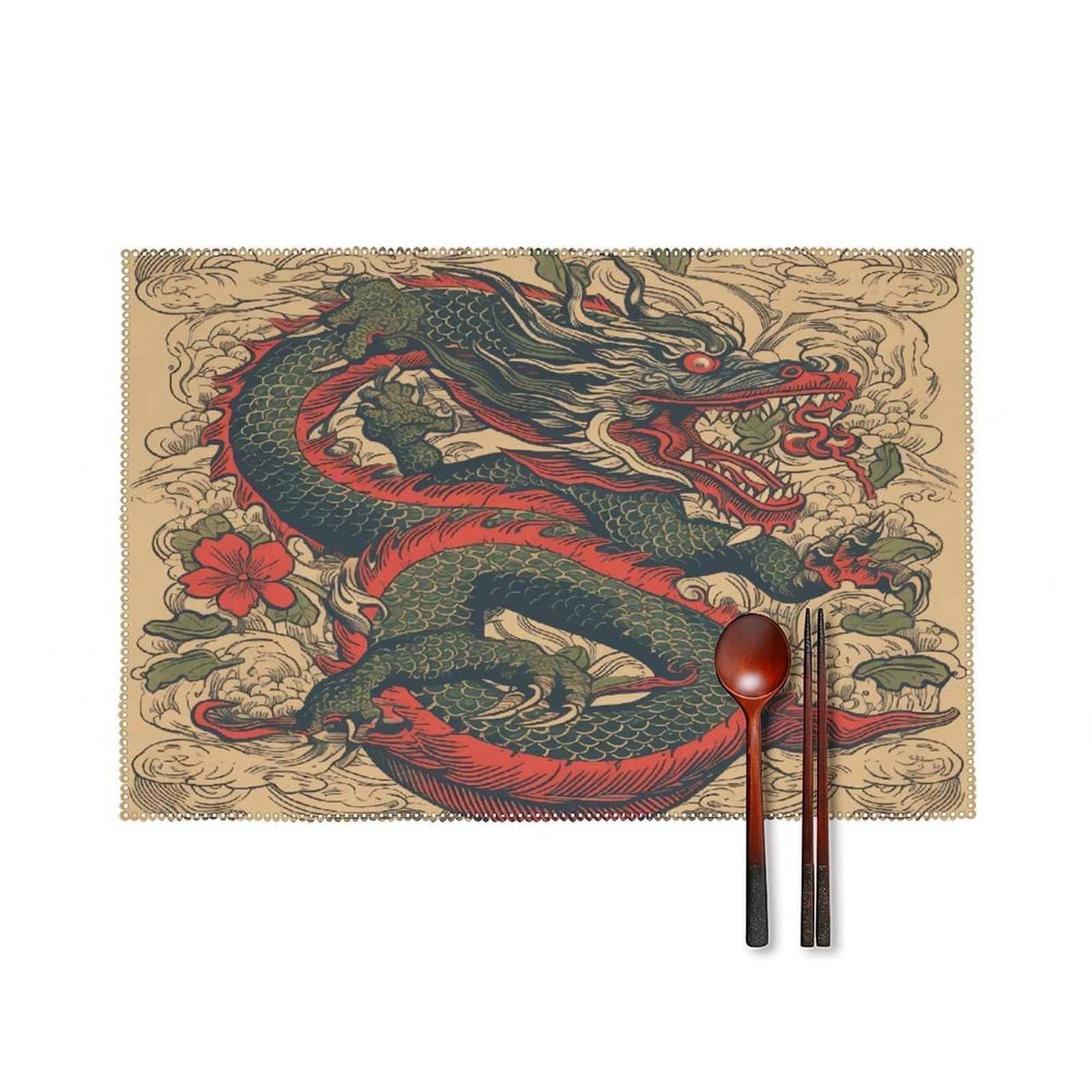 Beige Dragon Pattern Placemats Set of 6 Heat Resistant Non-Slip Place Mats Washable Wipeable Table Mats Elegant Farmhouse Placemat for Kitchen Dining Outdoor Party Table Decor