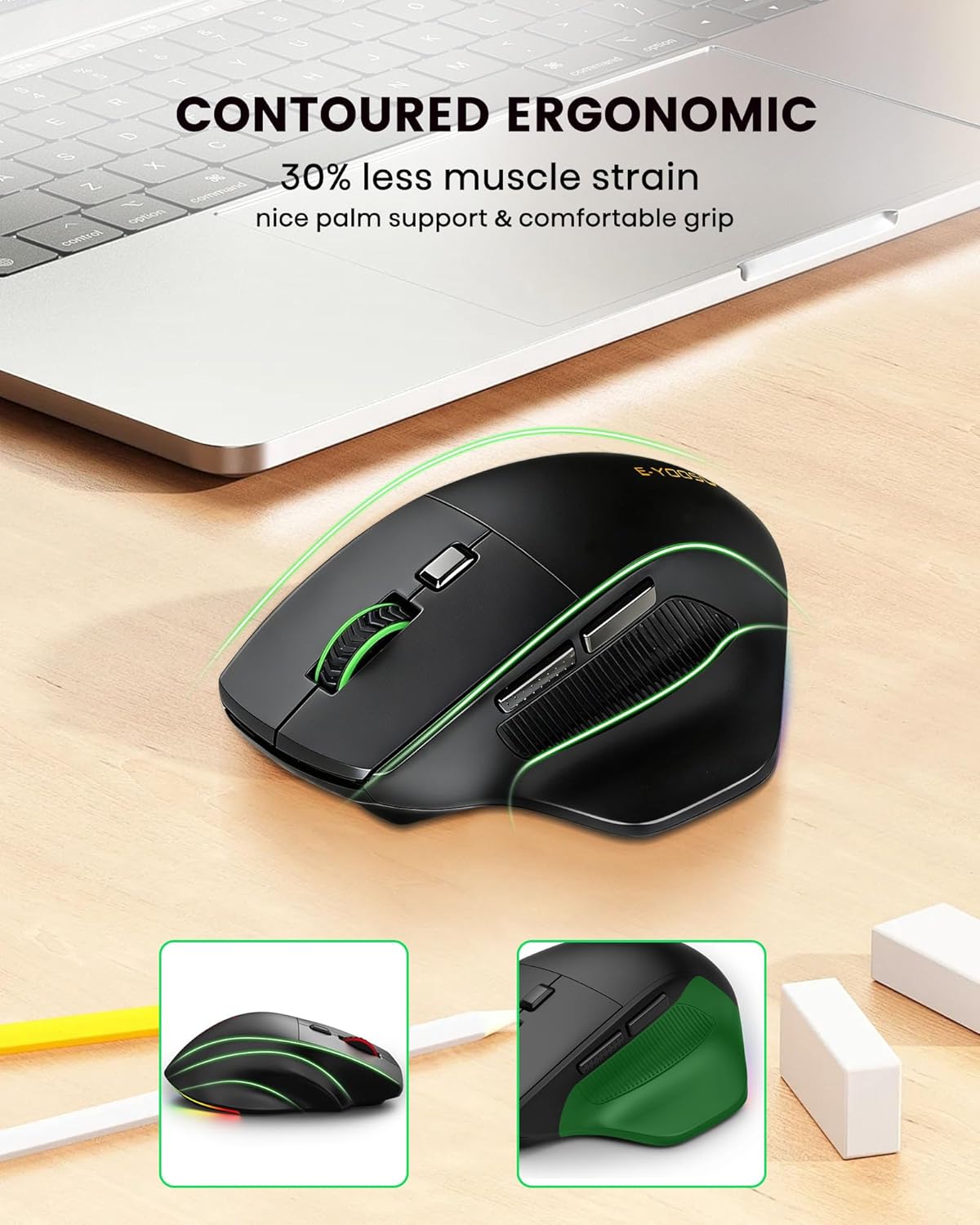 XUANGUI Ergonomic Bluetooth Wireless Mouse Fio3 Rechargeable with RGB Lighting, Tri-Mode Comfortable Computer Mice Cordless with Adjustable DPI & Polling Rate, Witeless USB Mouse with Thumb Rest