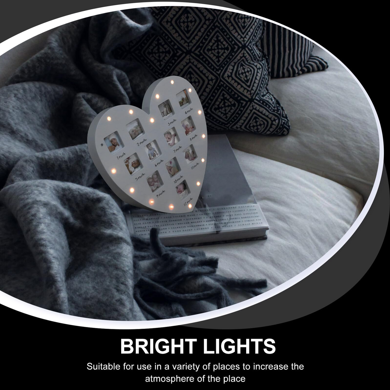 Hemobllo Marco de Fotos para Ñiño de 12 Meses con Luz Diseño Corazón 335X32 CM Adorno para Colgar en Pared o Mesa Registro de Crecimiento Infantil Marco Decorativo para