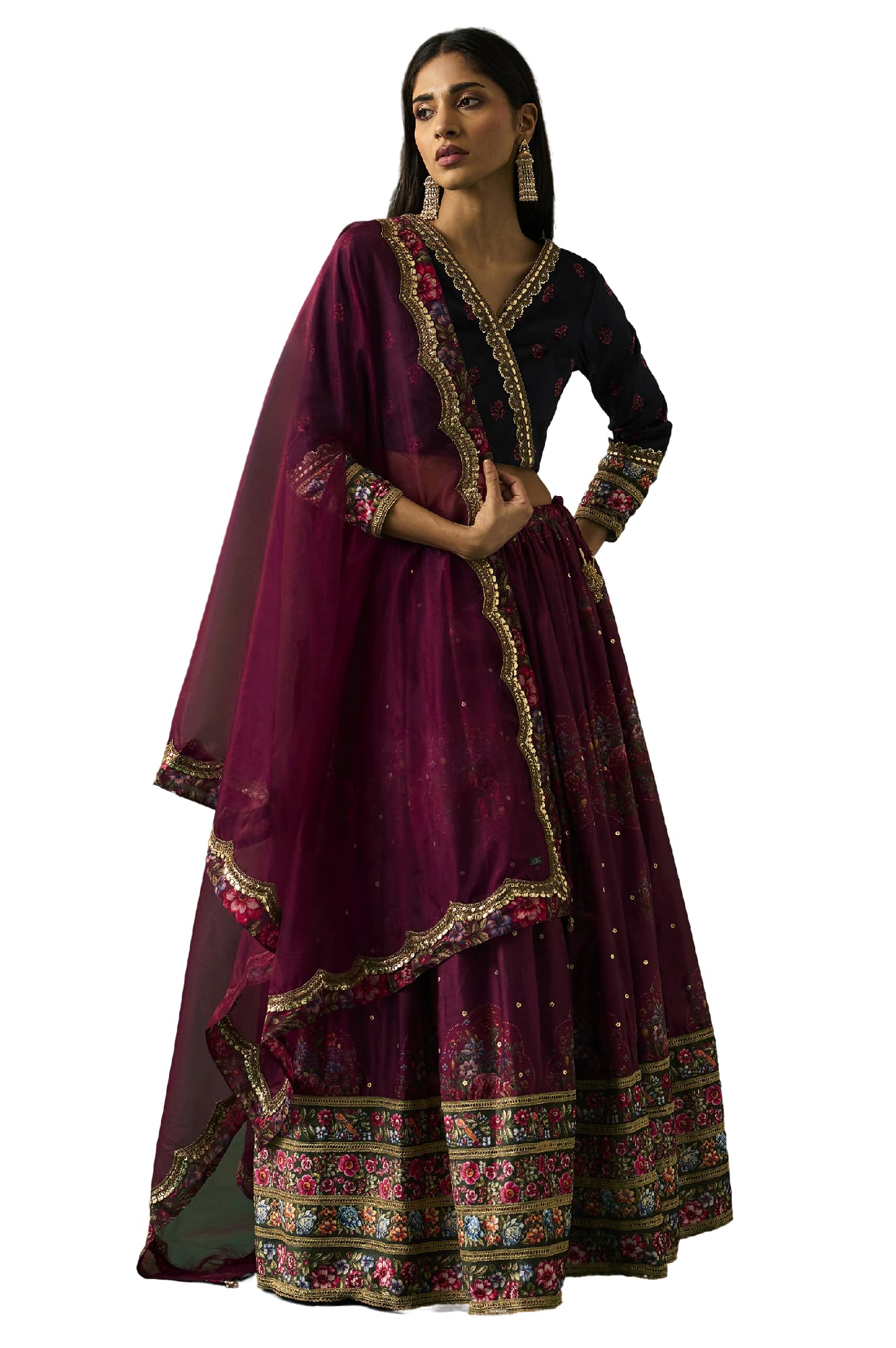 Women’s Floral Embroidered Winter Velvet Blouse with Skirt and Dupatta Set