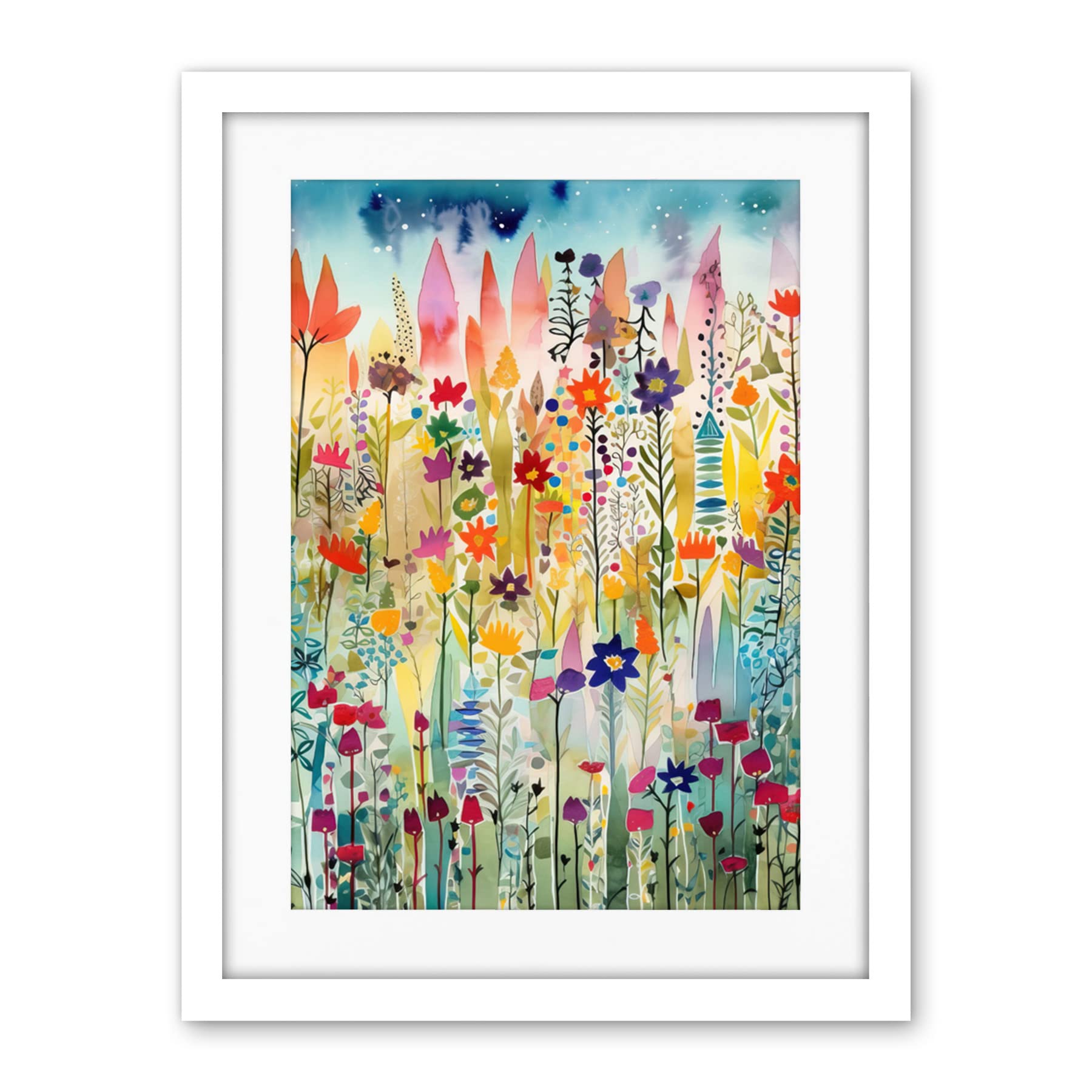 Artery8 Layered Spring Flower Field Folk Art Artwork Framed Wall Art Print 18X24 Inch