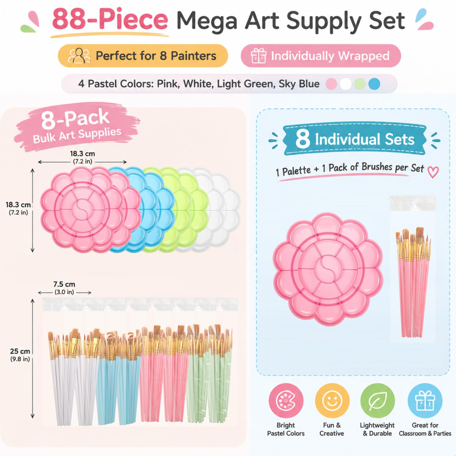 Silipull Juego de 88 pinceles y paletas de pintura, paquete de 8 suministros de arte a granel incluye 80 pinceles (10 tamaños) y 8 bandejas grandes de pintura de flores, colores pastel para niños