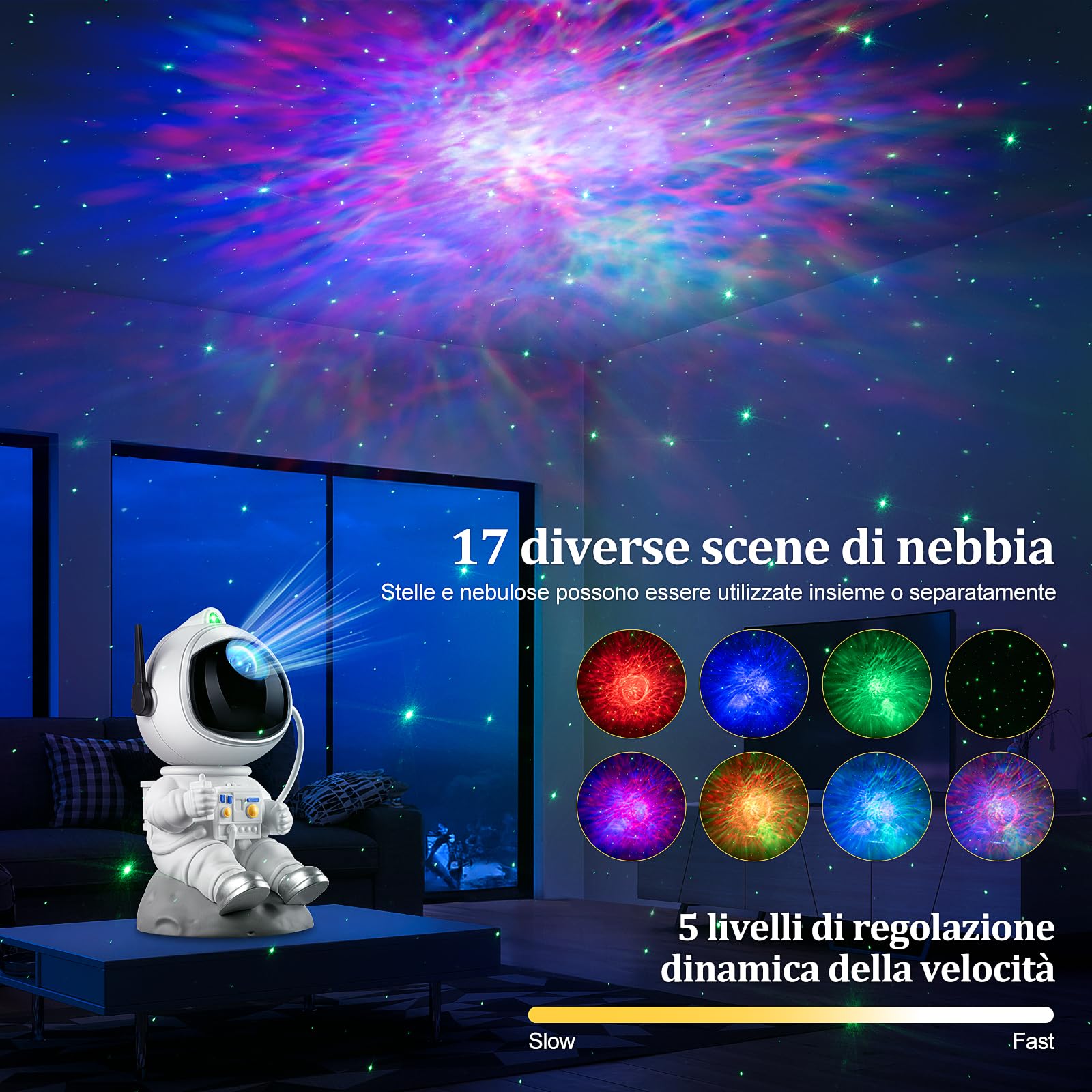 Astronauta Proiettore Stelle Soffitto Galassia, 8 Modalità Luce Cameretta Lampada, 360° Regolabile Luminosità Velocità Cielo Projector Telecomando, Planetario Proiezione Regalo per Bambini e Adulti