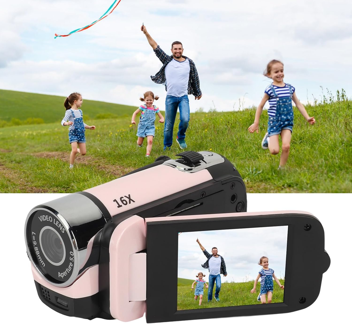 1080P 16MP Camcorder, 16X Digital Zoom Vlogging Cam Corder Recorder Video Camera Camcorder 2.4inch 360 Degrees Rotation Screen DV Camera with Battery Fill Light Supports 32GB