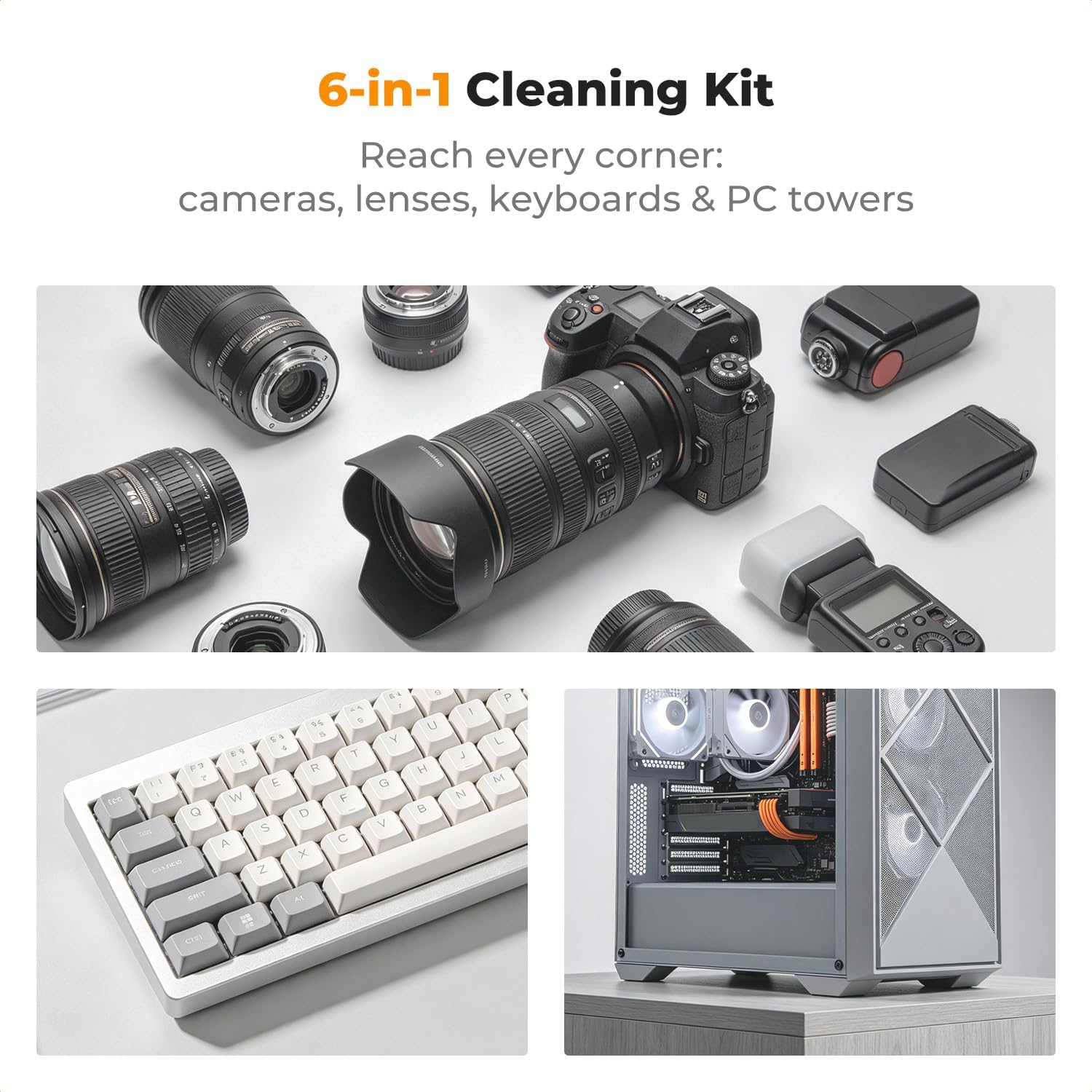 K&F Concept 6-in-1 Keyboard Cleaning Brush Kit for Camera, Lens, PC Monitor | Soft Bristles, Easy to Clean. Includes 4 Brush Sizes for Precise, Scratch-Safe Cleaning of Various Devices.