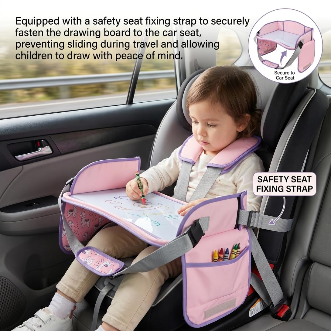 Vassoio da viaggio per seggiolino auto per bambini, Vassoio da viaggio per bambini con cinghie di sicurezza e tasche portaoggetti, seggiolino auto per disegno e intrattenimento in movimento, decorazi