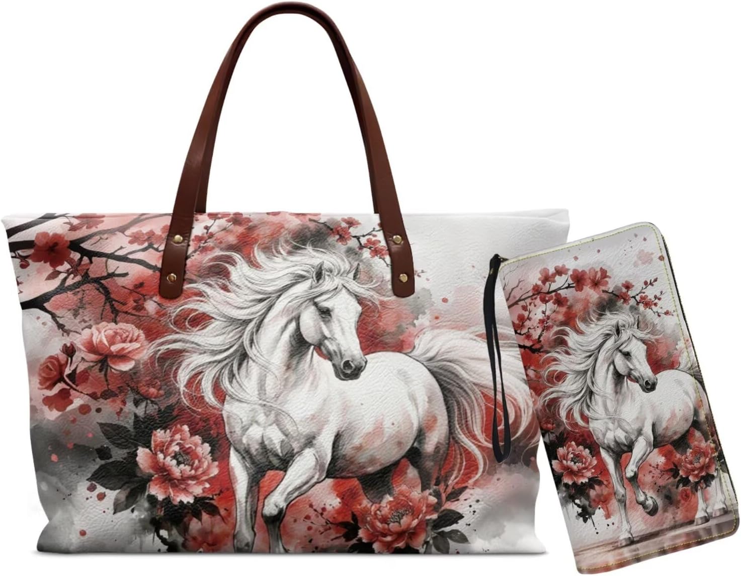 Waterproof Top Handle Tote Wallet Set for Women Large Capacity Handbag PU Portable Shoulder Bag 2pcs