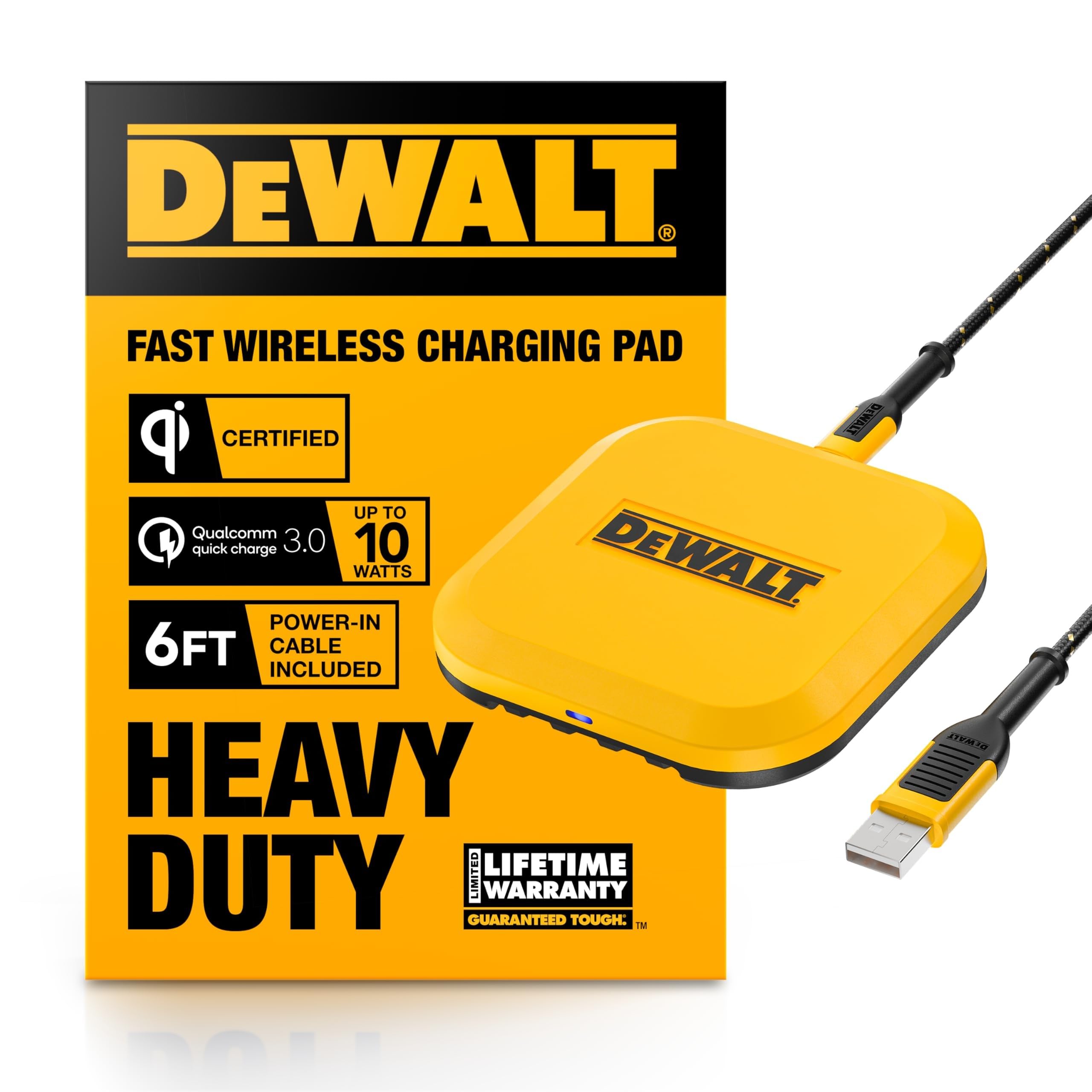 DEWALT Heavy Duty Wireless Charger, 10W Max Fast Wireless Charging Pad Compatible with iPhone 16/15/14/13/12/11/X/8 Pro Max Plus, Samsung Galaxy S22/S21, AirPods (Type C Cable & AC Adapter Included)