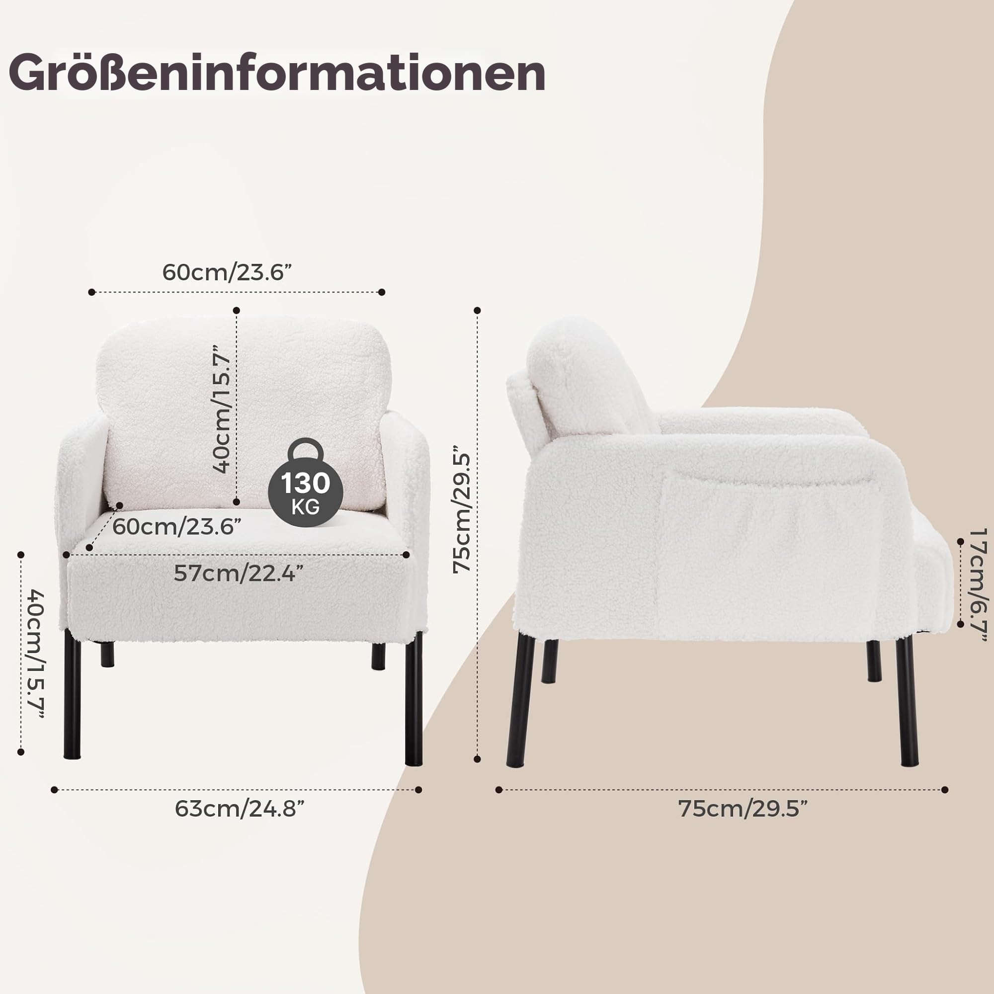 Mondeer Sessel, Einzel Loungesofa mit Seitentasche mit Metallbeinen Gemütlicher Kunstlammfell Stoff Modern, für Wohnzimmer Schlafzimmer Arbeitszimmer, 63 x 75 x 75 cm, Weiß