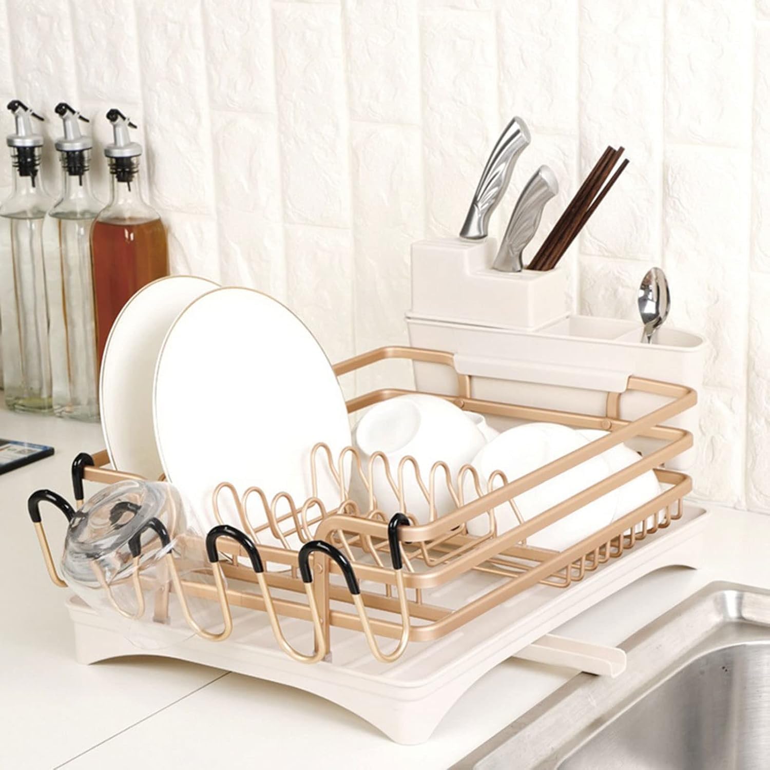 Escurridor de platos de cocina de aleación de aluminio Champagne D – Soporte multifuncional para fregadero, escurridor de cubiertos y Nizer para platos y cuchillos