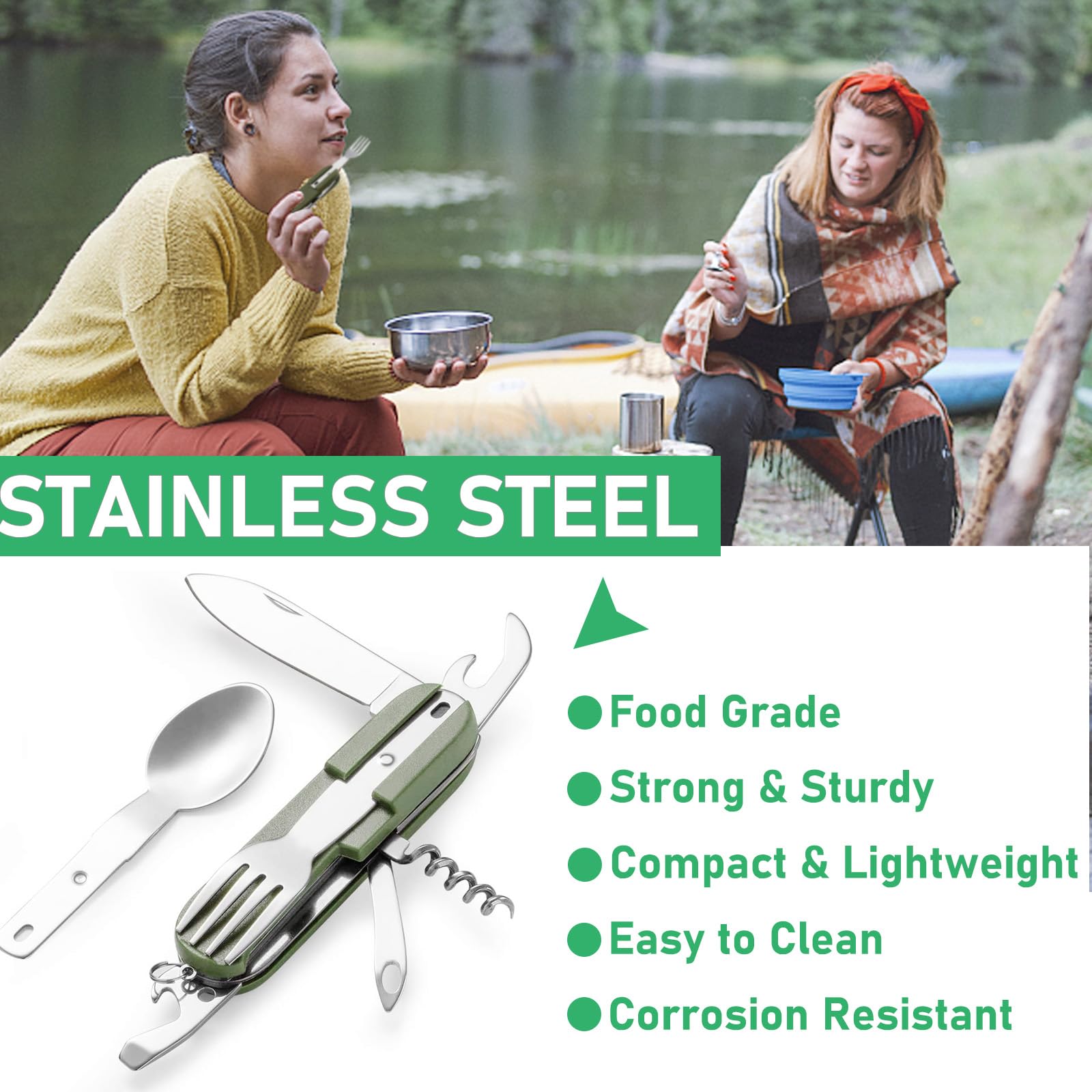 Folding Camping Cutlery Set, 8 in 1 Stainless Steel Portable Utensil Detachable Reusable Travel Cutlery Tableware with Pouch Case for Camping Hiking Fishing Picnic On The Go - Image 2