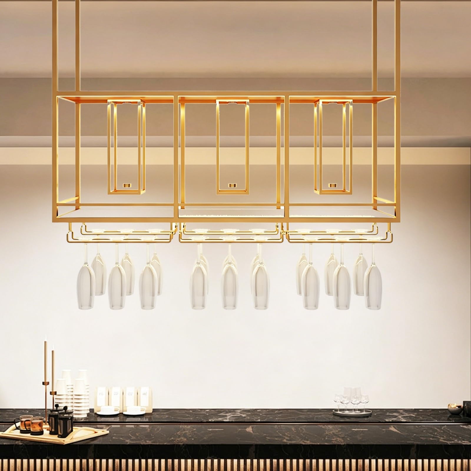 ASYJVWYZ Hanging Bar Wine Rack With Light, Gold Ceiling Mounted Liquor Shelf With Glass Holder, Suspended Storage Organizer For Home Bar Kitchen