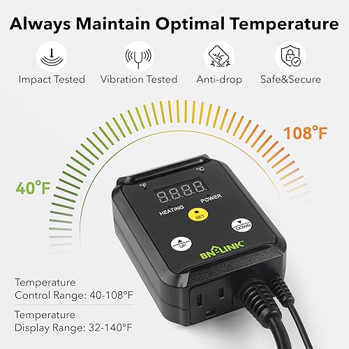 Miniatura 3 de BN-LINK Controlador digital de termostato térmico para germinación de semillas, reptiles e invernadero de incubación de cría de cerveza, 40-108°F,