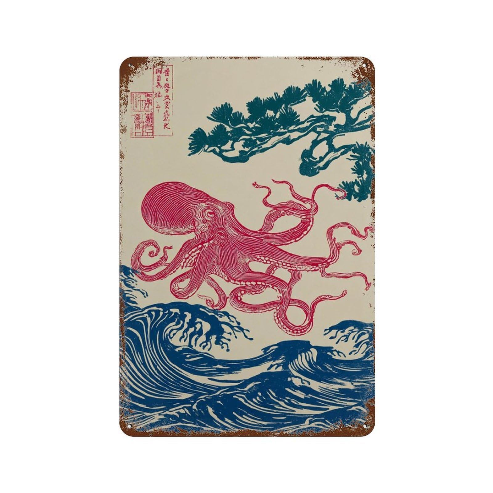 xiaoxiaoshen Octopus Japanese Style Sea Creature Red Blue Nautical Living Room Office Traditi Wall Decor Art Metal Tin Poster Modern Home Decor Art Home Bar Shop Decorations Vintage Sign 30x20cm