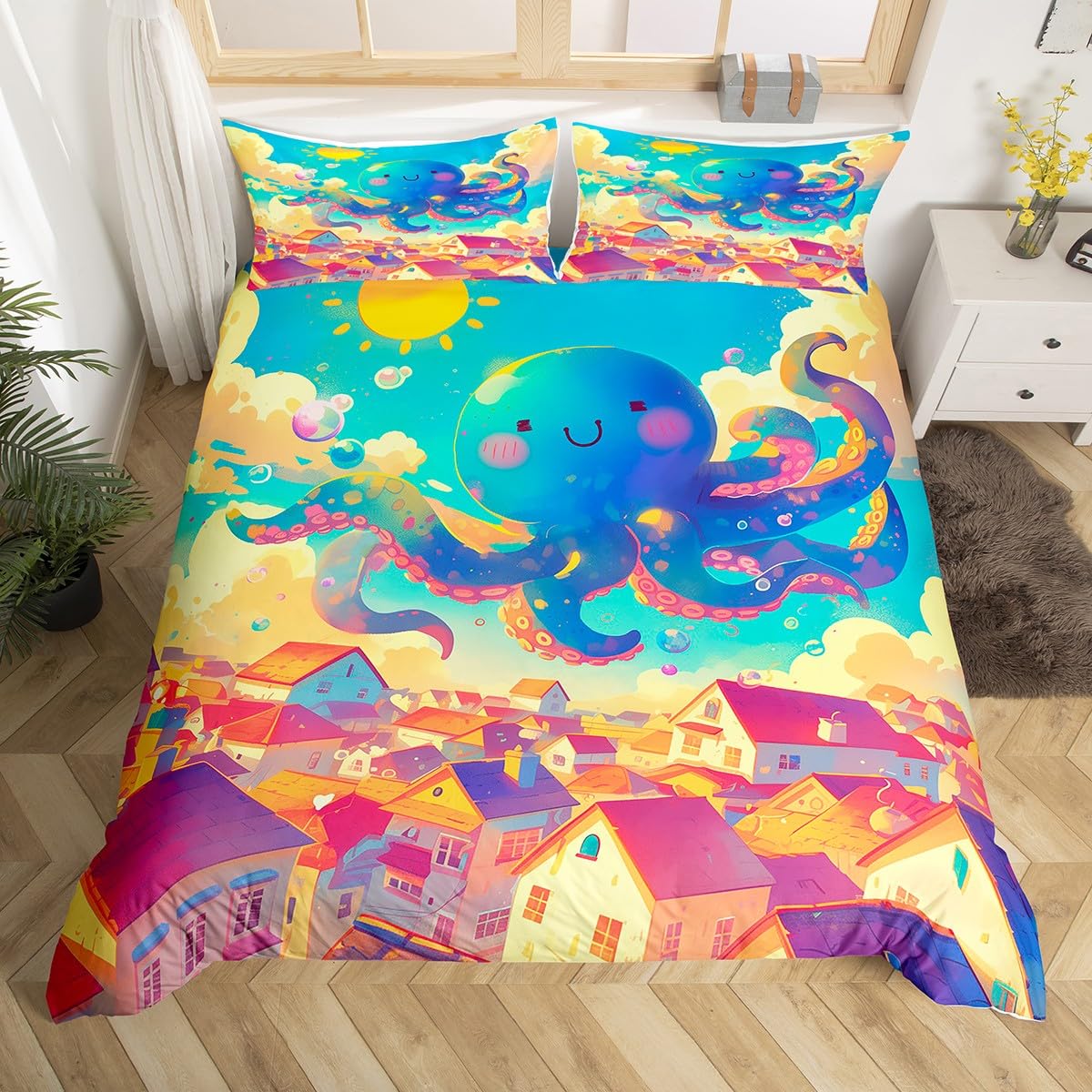 Cute Octopus Kids Duvet Cover Set Single Size,Cartoon Modern Buidings Sun Clouds Bedding Set,Girls Room Decor,Sea Life Marine Creature Comforter Cover,Blue Colorful Quilt Cover,1 Pillowcase