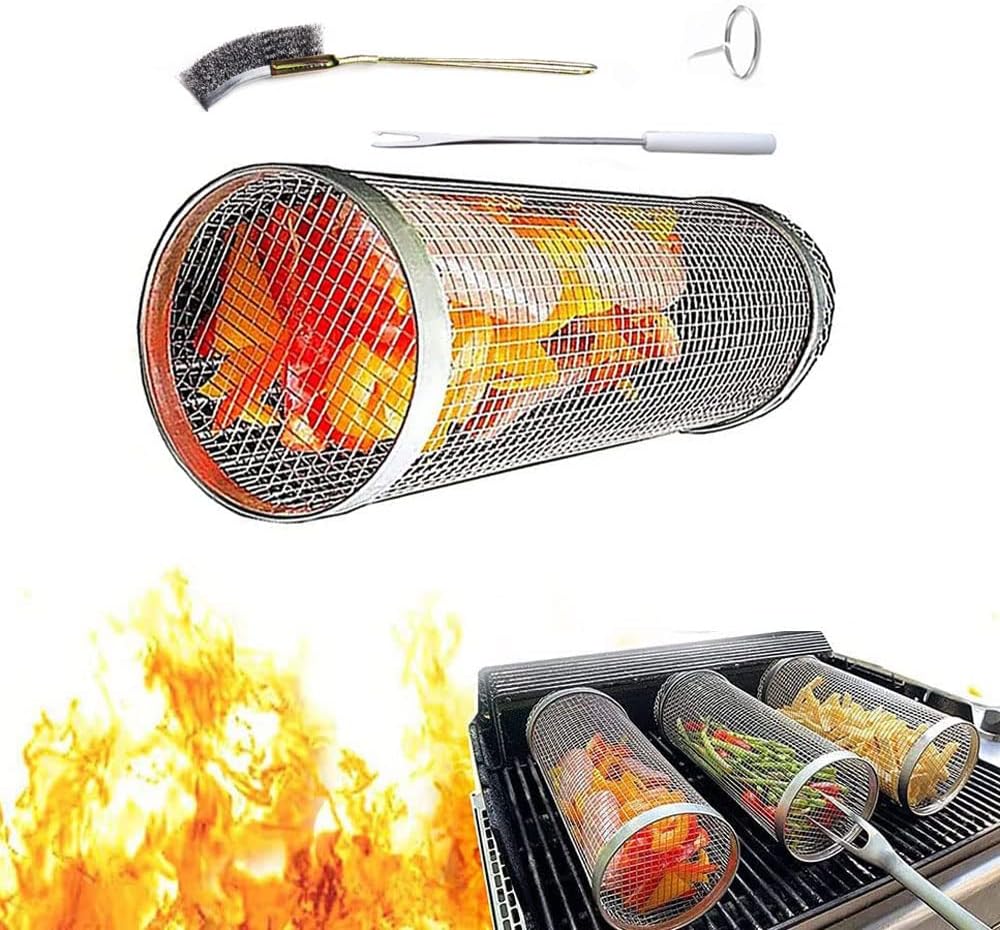Round Stainless Steel Grill Basket Rolling Grilling Baskets for Outdoor grillingwith Cleaning Brush Cooking net Basket Camping Grill for Vegetables, Fries, Fish (11.8in/7.9in,2pcs)