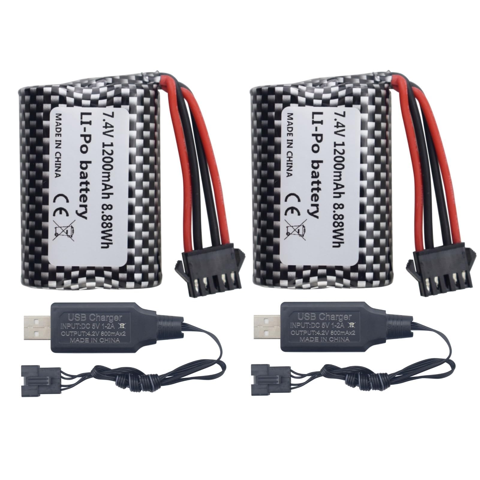 2PCS 7.4V 1200mah Lithium Battery with USB Charging Cable for R206 R208 R308 TX122 TX123 H106 2008 V003 RC Boat Battery with SM-5P Plug