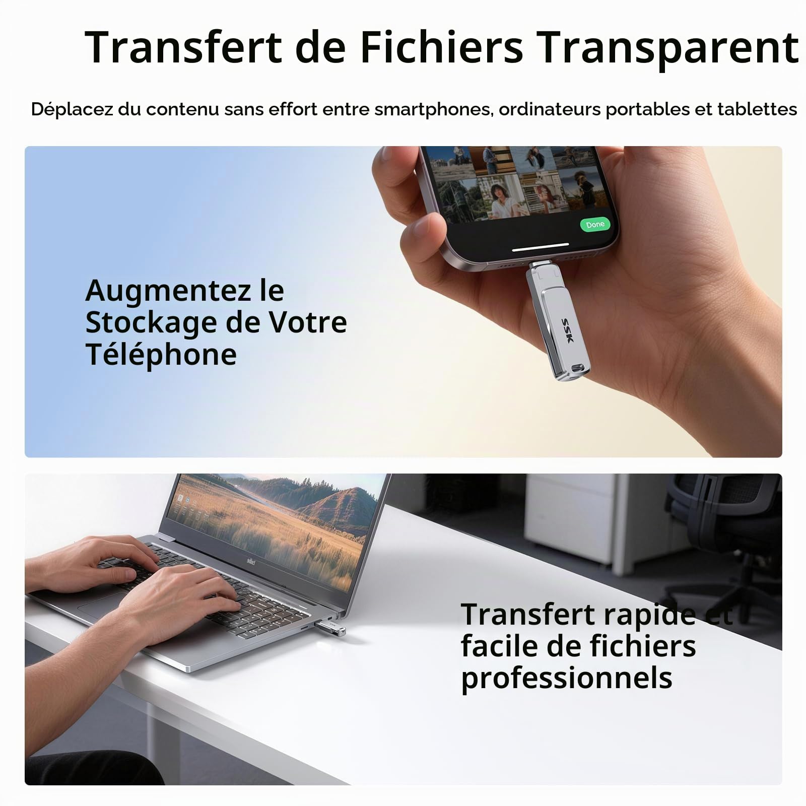 SSK 256 Go Clé USB Double Connecteurs, Clé USB C Flash Drive jusqu'à 220 Mo/s Type-C et USB-A Mémoire Stick pour iPhone 15/16/17Pro/Android OTG avec Étanche, Anti-poussière et Anti-Chute