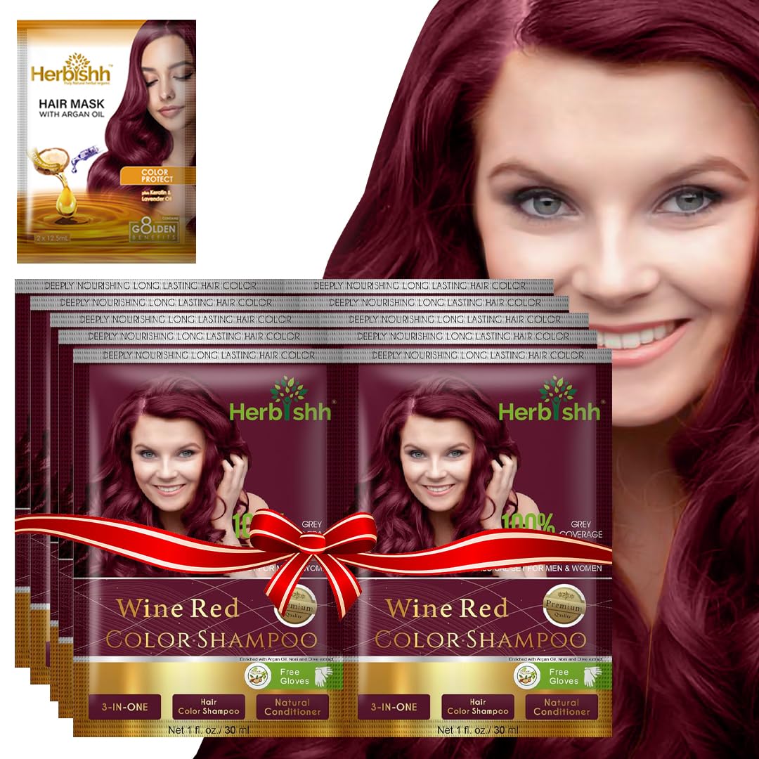 HerbishhHair Color Shampoo – Natural Dye for Gray Hair, with Argan Mask, Travel Size, Long-Lasting Tint in Minutes, 10+1 Pack, Ammonia-Free (Wine Red)