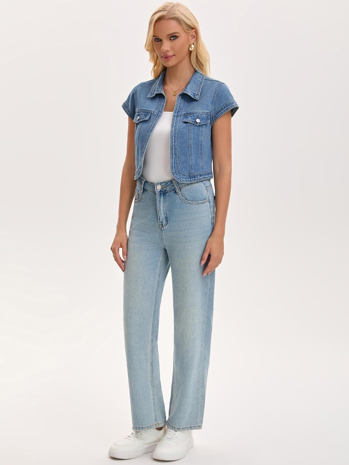 Womens Cap Sleeve Denim Jackets Shrug Spring Collared Open Front Cropped Jean Jacket