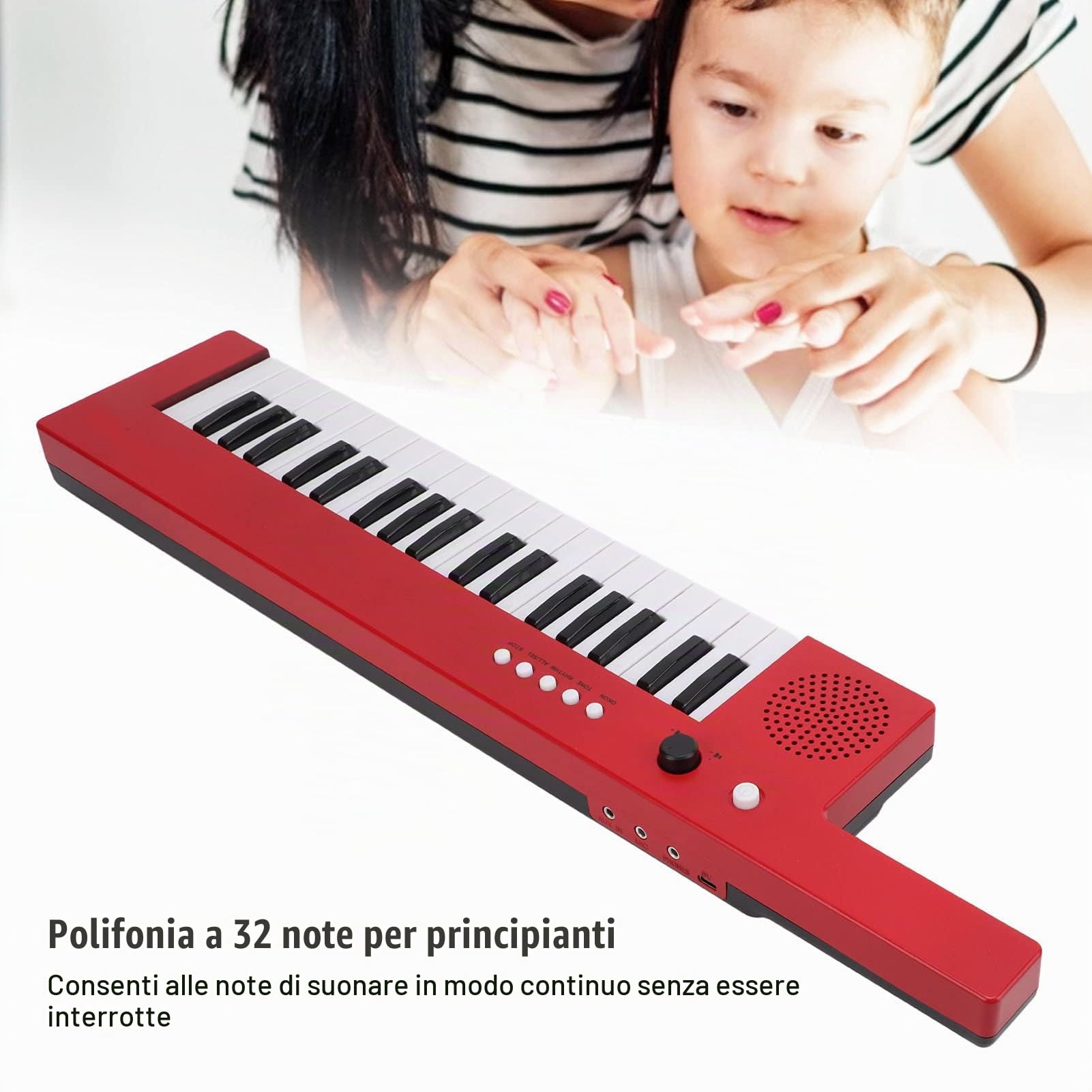 Pianoforte a 37 Tasti con Microfono, Chitarra Portatile Sottile e Super Compatto Organo Elettronico Mini Keytar Strumento Musicale Educativo per Principianti(BF-3755 rosso)