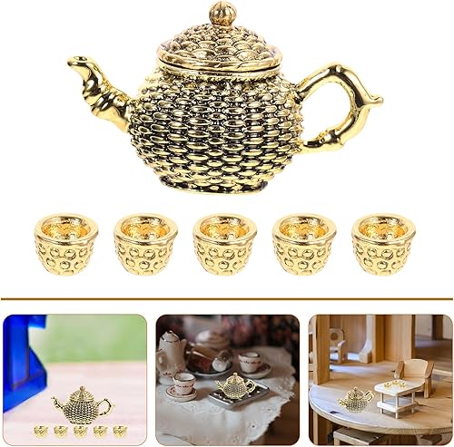 Miniatura 5 de Toyvian 112 Mini juego de té en miniatura para casa de muñecas, mini tetera de metal, taza de té para manualidades, adorno de paisaje en miniatura,