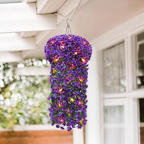 Miniatura 2 de Flores colgantes artificiales con cesta y luces para exteriores, flores de violetas colgantes de imitación, 4 plantas colgantes falsas con maceta