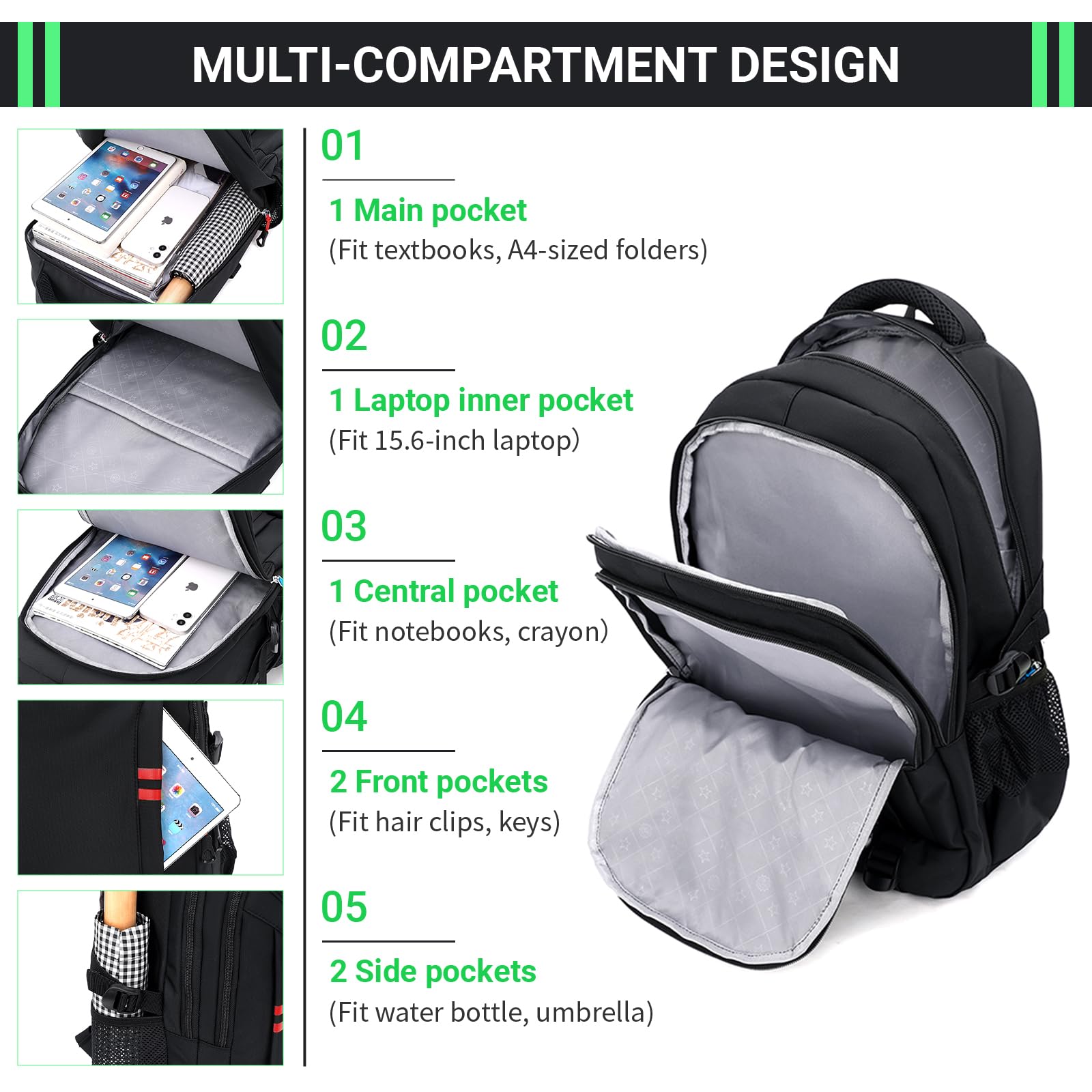 Amythe Sac à Dos à Roulette Garçon, Sac Ecole Trolley Détachable Idéal pour Primaire et Secondaires, Cartable Convient aux adolescents Garçons Filles de 9 à 18 ans, 6 Roues, Noir