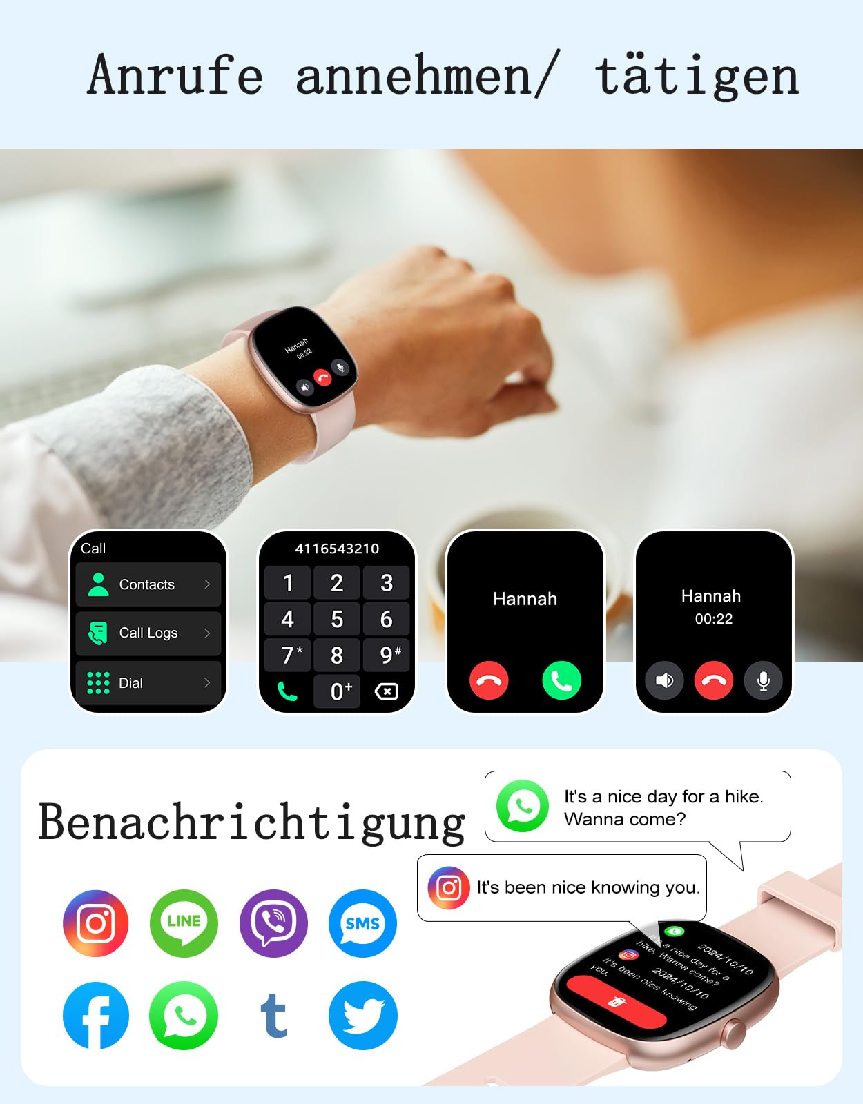 Smartwatch Damen mit Telefonfunktion,1.85" Smart Watch mit 24/7 SpO2/Herzfrequenz/Schlafmonitor/ Schrittzähler 100+Sportmodi,IP68 Wasserdicht Fitnessuhr Whatsapp Benachrichtigen für Android iOS Handy
