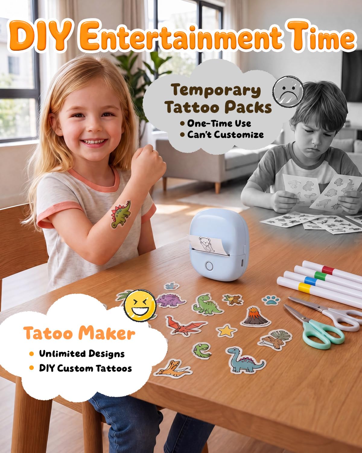Stampante Tatuaggi per Bambini,Kit Fai da Te Senza Inchiostro con App IA, 40 Fogli per Tattoo e 4 Pennarelli, Giochi Creativi Lavabili Regalo 5-12 Anni (Blu)