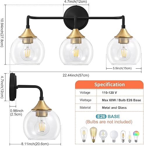 Miniatura 4 de Lámparas de baño de 3 luces con pantalla de vidrio transparente, accesorios de iluminación de tocador de 22 pulgadas sobre el espejo, lámparas de