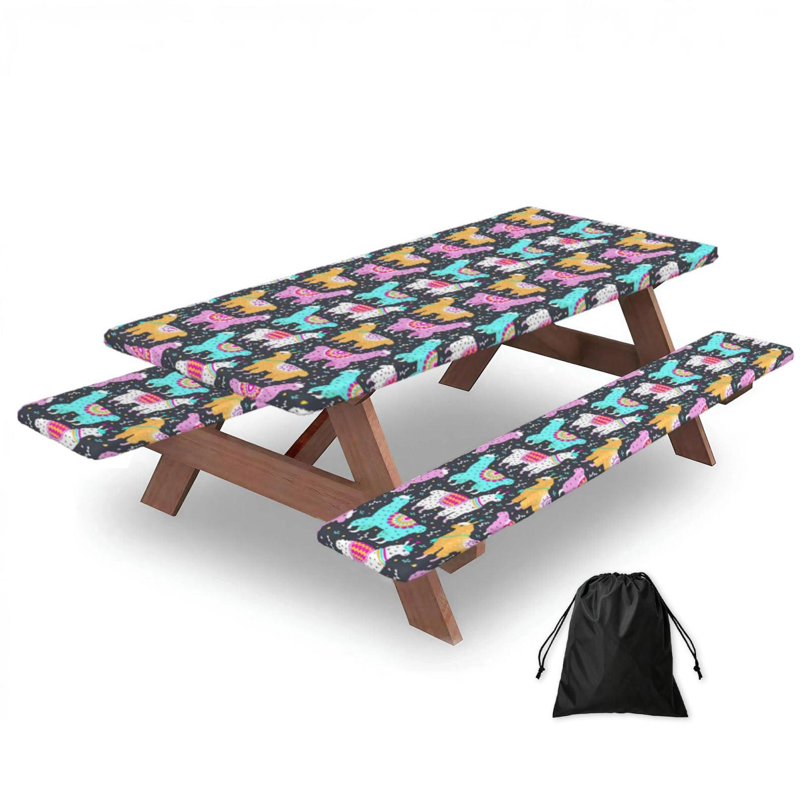 Yqxwjl Black Indian Alpaca Print Camping Essentials Waterproof Camping Table And Bench Cover With Drawstring Bag 183 Cm