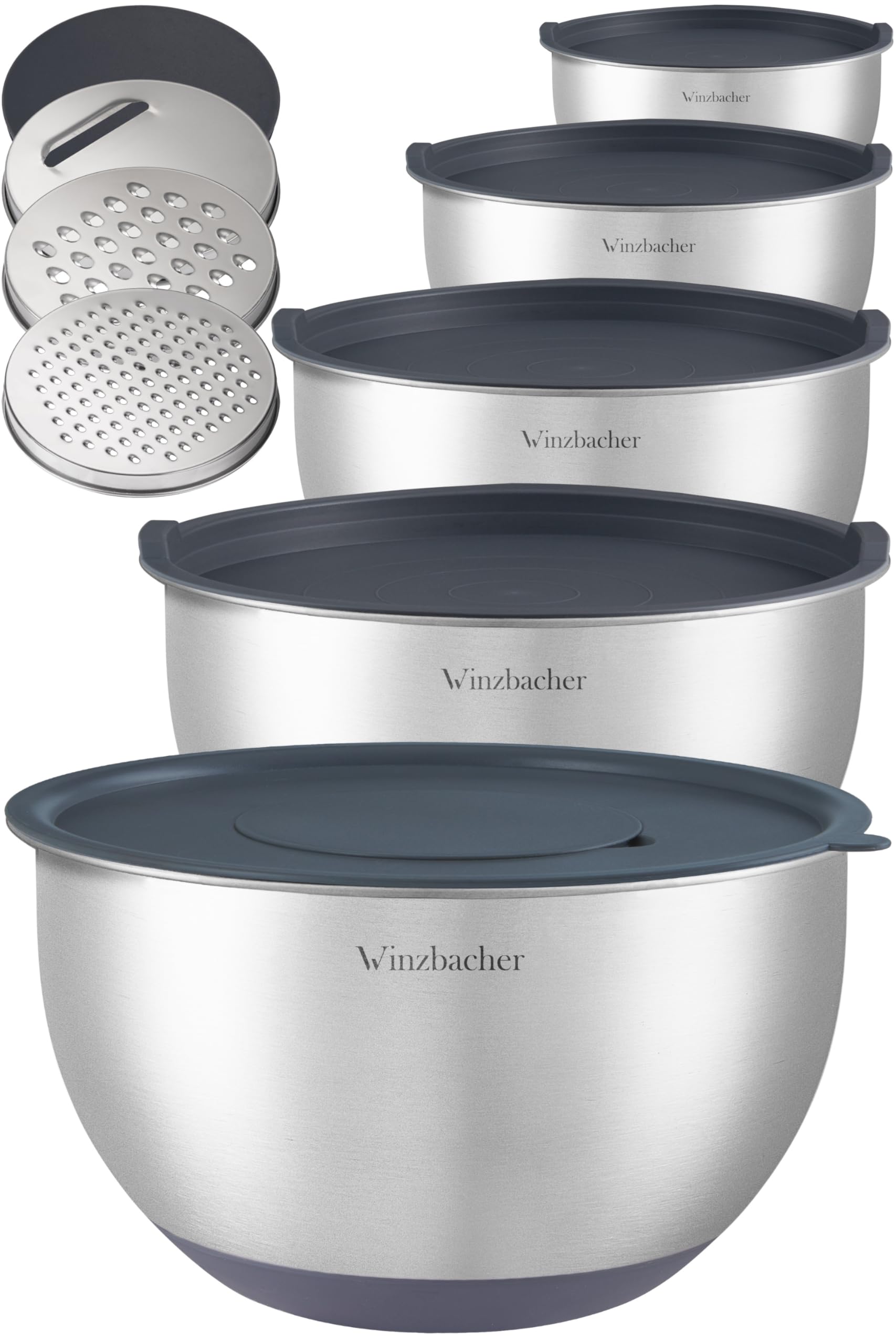 Winzbacher - Schüssel Set aus 304 Edelstahl mit Deckel [5er Set] 1l + 1.5l + 2.5l + 3.5l + 4.5l | Rührschüssel, Salatschüssel, | rutschfest | stapelbar | inkl. Reibe
