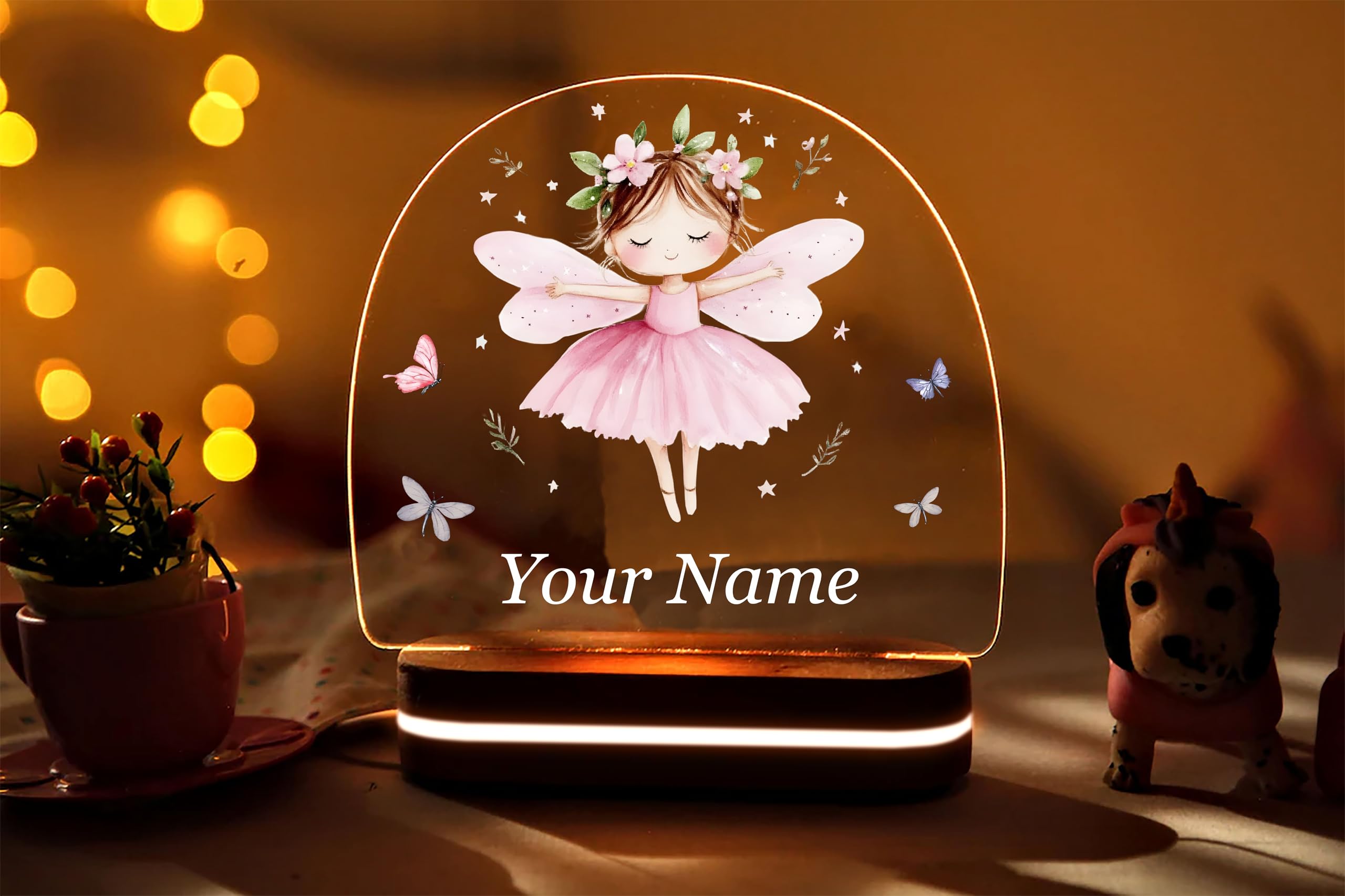 Personalized LED Night Light Lamp, Acrylic Frame with MDF Base, 14x12 cm, USB-Powered, Customizable Name and Message Display, Warm White Illumination, Tabletop Decor Gift (Delightful Fairy)-image-7