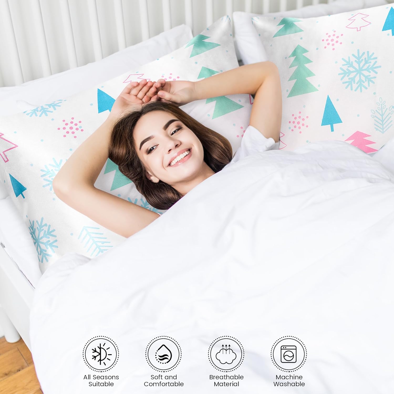 Christmas Tree Satin Pillowcase for Hair & Skin Care, Standard Size Set of 2 - Luxurious Satin Pillow Cover with Envelope Closure(20x26 Inches) - Image 5