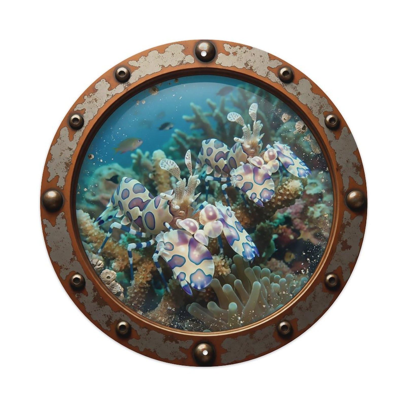 Odgynaw 8X8inch(20X20cm) Vintage Porthole Harlequin Shrimp Nautical Window View Metal Tin Sign