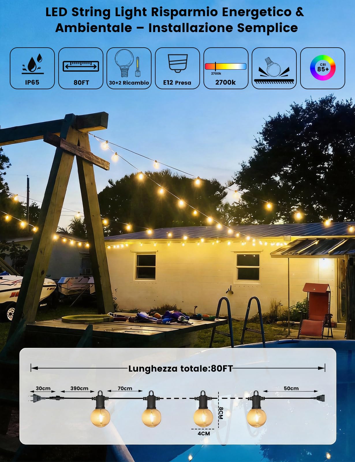 ZOTOYI Catena Luminose Esterno LED, 24M/80FT G40 con 30+2 Lampadine | Lampadine Infrangibili, Ghirlanda Luminosa Plastica Semicircolari per Giardino, Terrazzo, Gazebo, Festa, Bianco Caldo