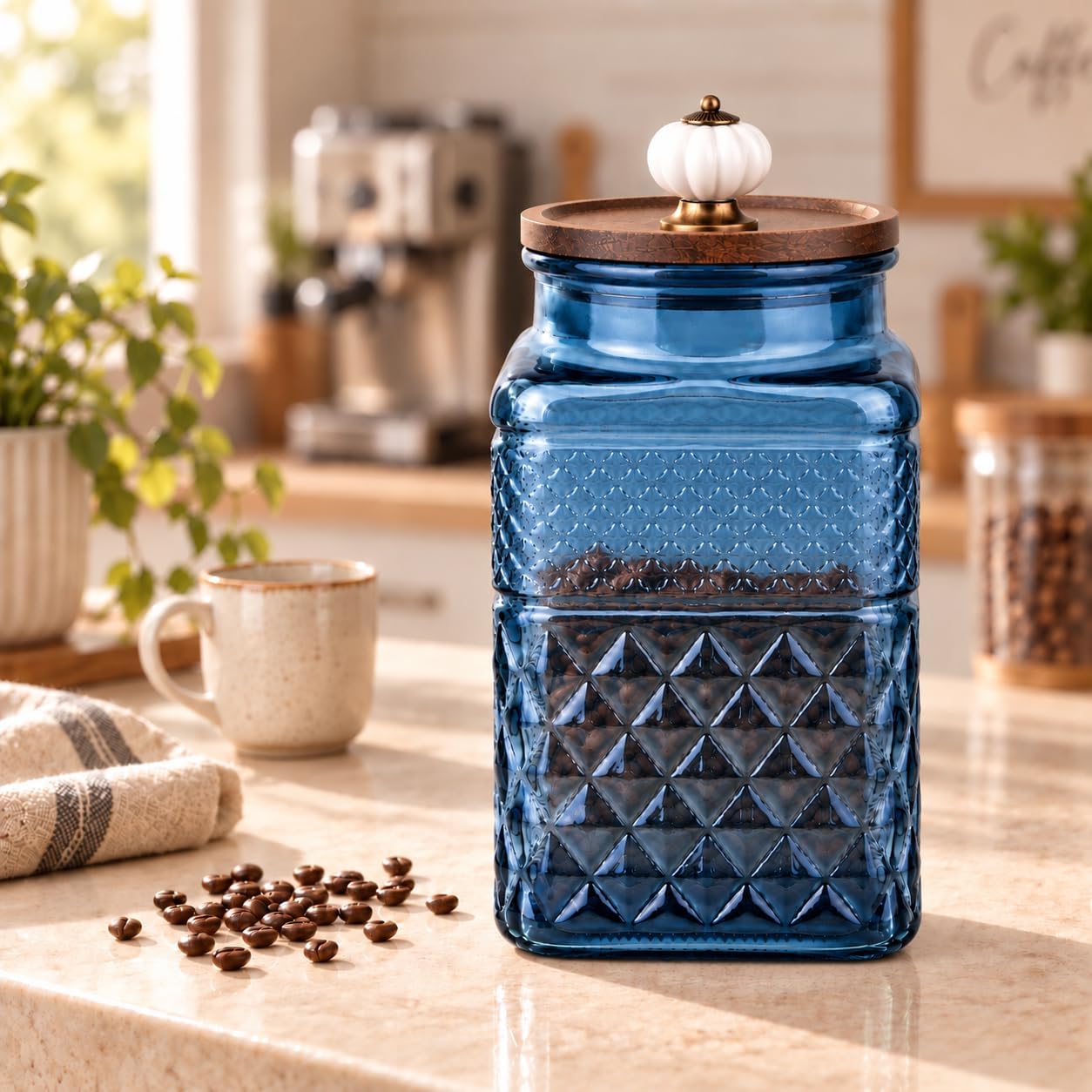 ANSQU 61 Fl oz Square Glass Canister with Pumpkin Knob Lid, Coffee Canister