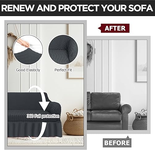 Miniatura 5 de Juego de 2 fundas de sofá para sofá, funda de sofá con falda, duradera, lavable, de alta elasticidad, fundas de muebles para sofá, sofá biplaza y