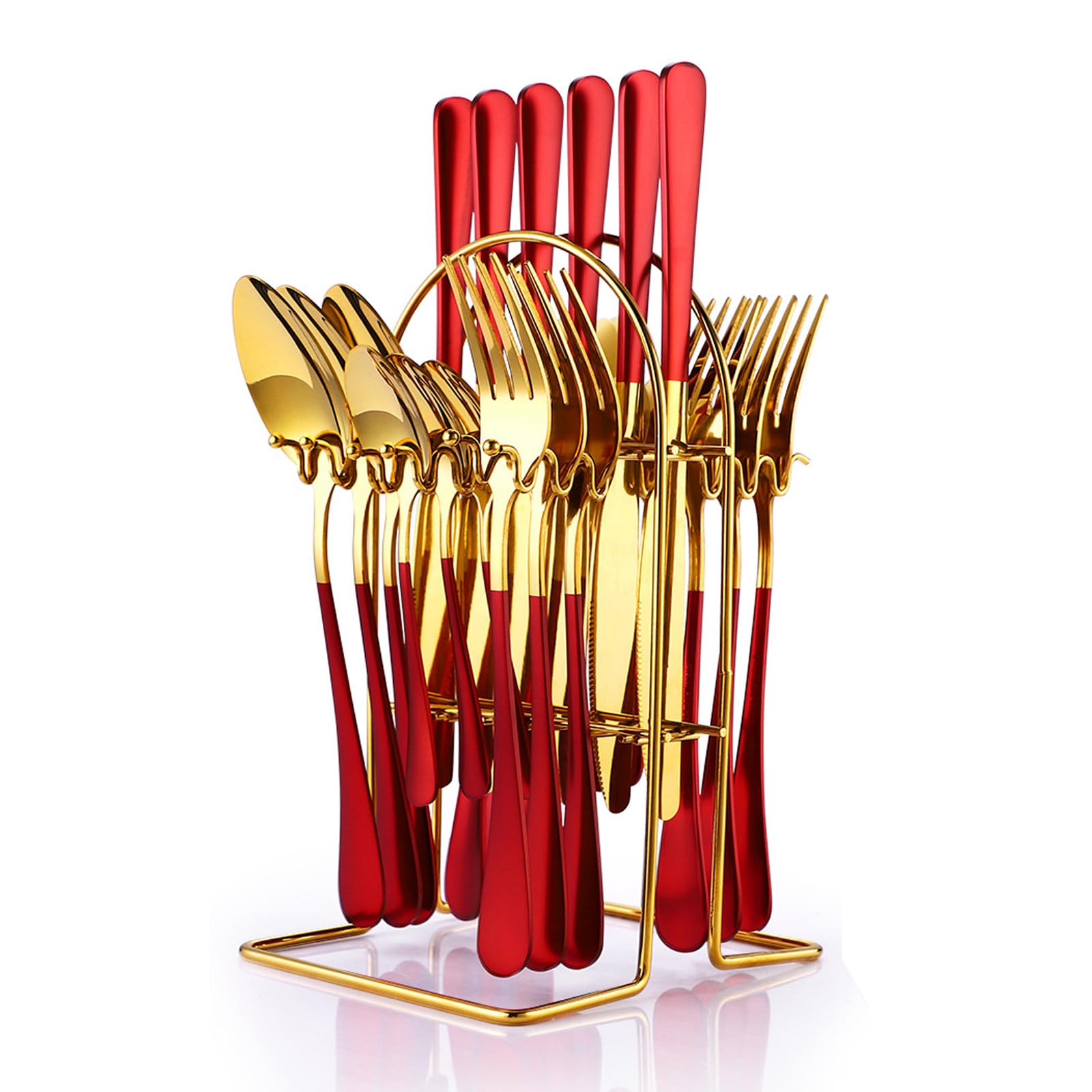 24 Pieces Silverware Set, Stainless Steel Flatware Set with Silverware Holder Spoons Forks Knives,Utensils Set Service for 6,Gold Mirror Polished and Matte Painted Cutlery Set (Red)