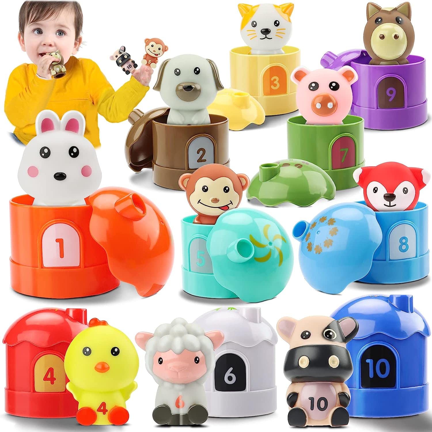 AM ANNA Farm Animals Toy, 20 Pcs Montessori Counting,Matching & Color Sorting Set, Animal Finger Puppets & Barn Toy for Kids,Learning Toys for 1 2 3 Years Old Toddlers